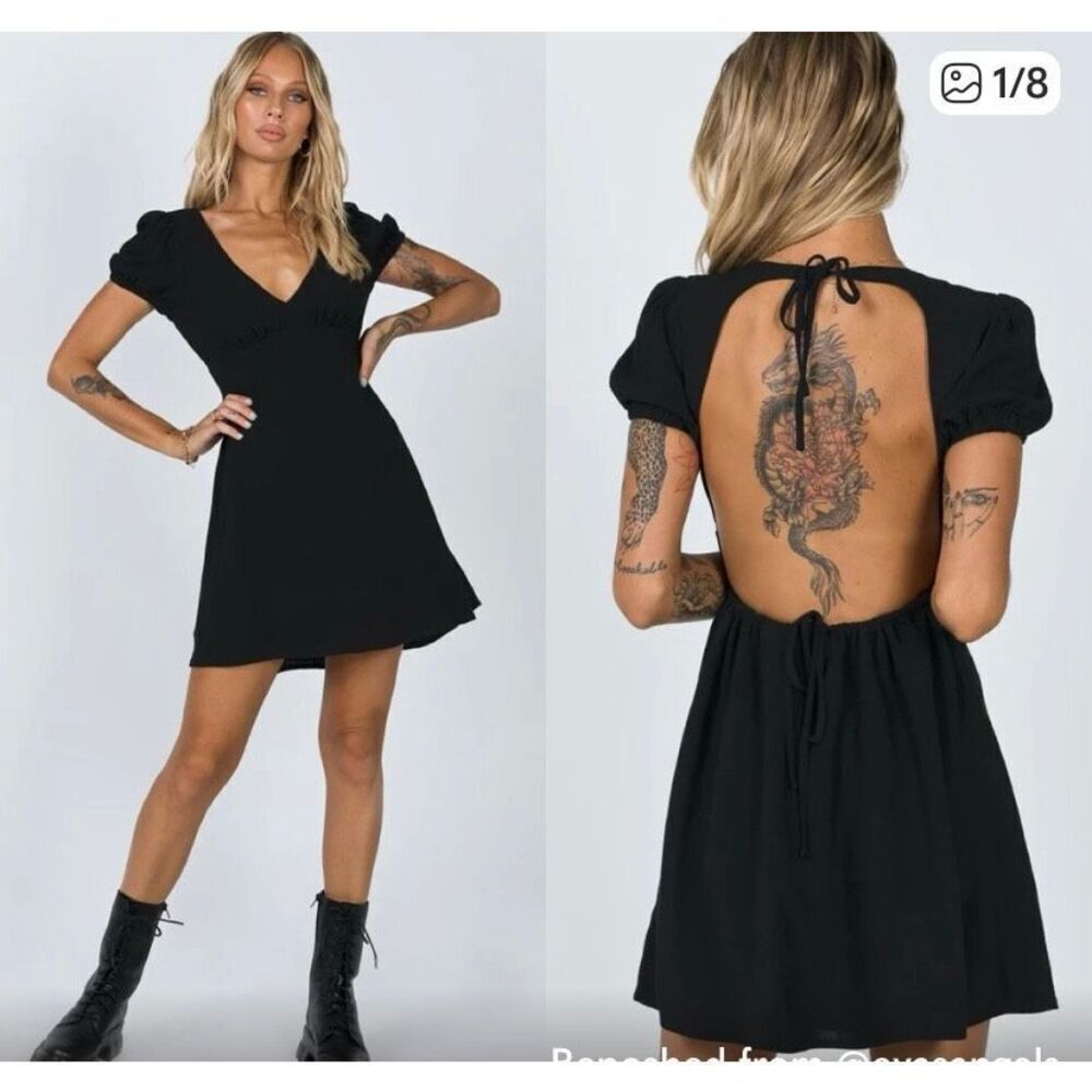 NWT princess Polly Smith black V-neck opened back mini dress size 2
